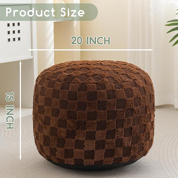 HIGOGOGO Round Stuffed Pouf Ottoman, Plaid Poufs with Foam Chunk Filling, Fluffy and Furry Pouf Foot Stool Storage Ottoman, 20 X 15 Floor Poufs Foot Rest for Living Room, Coffee-Ruum Studio Home