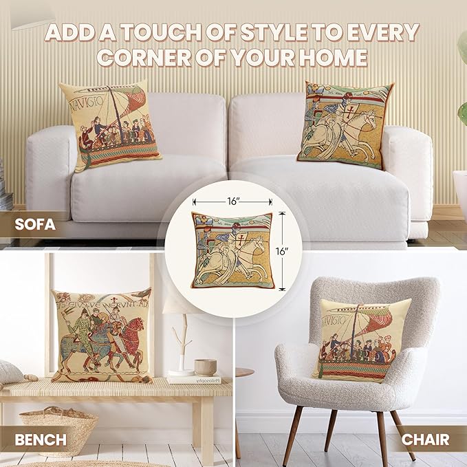 Charlotte Home Furnishings Chevaliers de St.Gregoire Throw Pillow Cover 16" x 16" – Medieval Knight Tapestry Cushion Case for Sofa, Couch, & Bed | Cotton Jacquard Woven in Europe | Insert Not Included-Ruum Studio Home