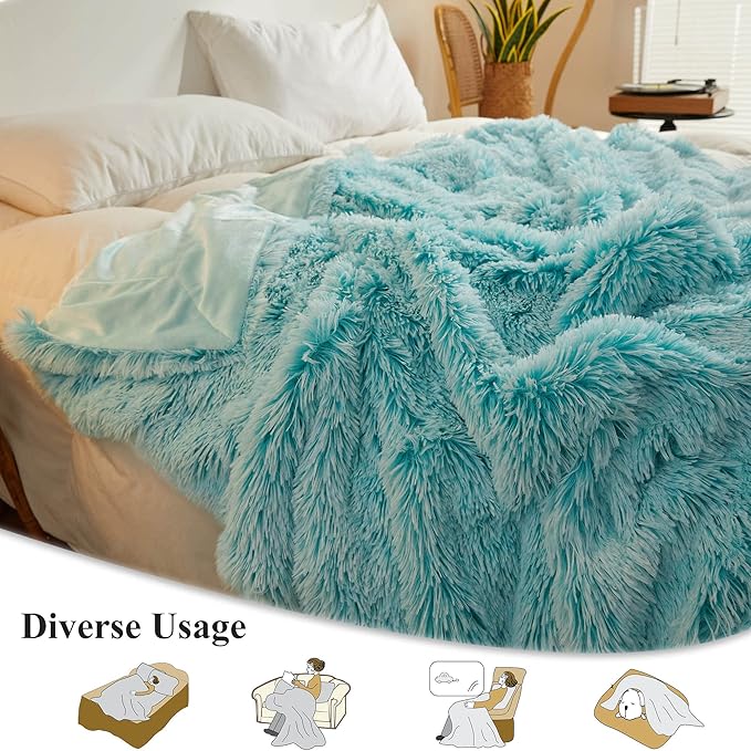 XeGe Luxury Faux Fur Blanket, Soft Big Fluffy Throw, Shaggy Plush Decorative Couch Blanket, Cute Furry Fuzzy Bed Throw for Bedroom Living Room, Ombre Aqua Green, 60x90-Ruum Studio Home