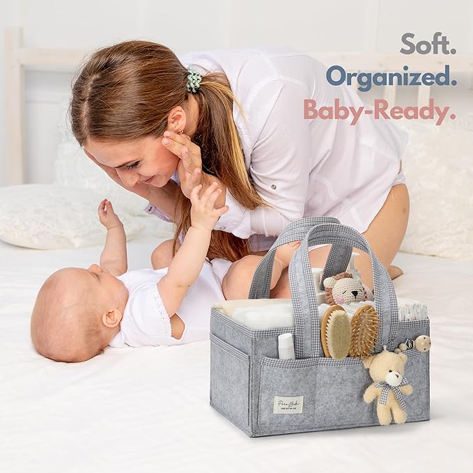 PeraBella Diaper Caddy Organizer with Handle, Baby Shower Gifts Basket Bag, Registry Search Must Haves Items, Nursery Storage Organizer for Newborn Girl Boy, Baby Bag Essentials, Car Diaper Caddy Cart-Ruum Studio Home