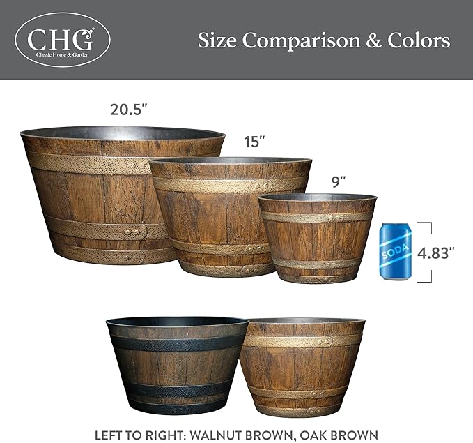 Classic Home and Garden Whiskey Barrel Planters - Wooden Finish Flower Planter Pot - Stylish Garden Pots - Indoor & Outdoor Resin Planters - Weather-Resistant Planting Pots (20.5" Oak Brown, 1-Pack)-Ruum Studio Home
