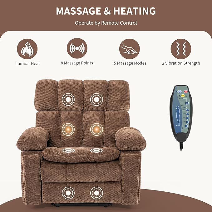 Oversized Power Lift Recliner Chair with Adjustable Headrest for Elderly,Dual Motor Lay Flat Recliner Chair with USB Port,Type C,Big and Tall Recliner with Massage and Heat,Cup Holders,Storebox,Brown-Ruum Studio Home