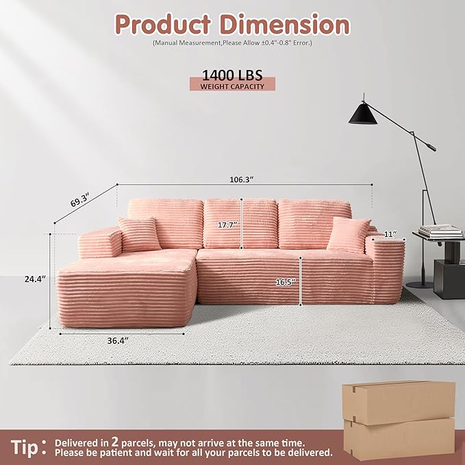 ovios 104" Cloud Sectional Couch with L-Shape Chaise,Modern Modular Sofa with Deep Seat, Upholstered Couches for Living Room Bedroom,No Assembly Required, Pink (Plush Corduroy Fabric)-Ruum Studio Home