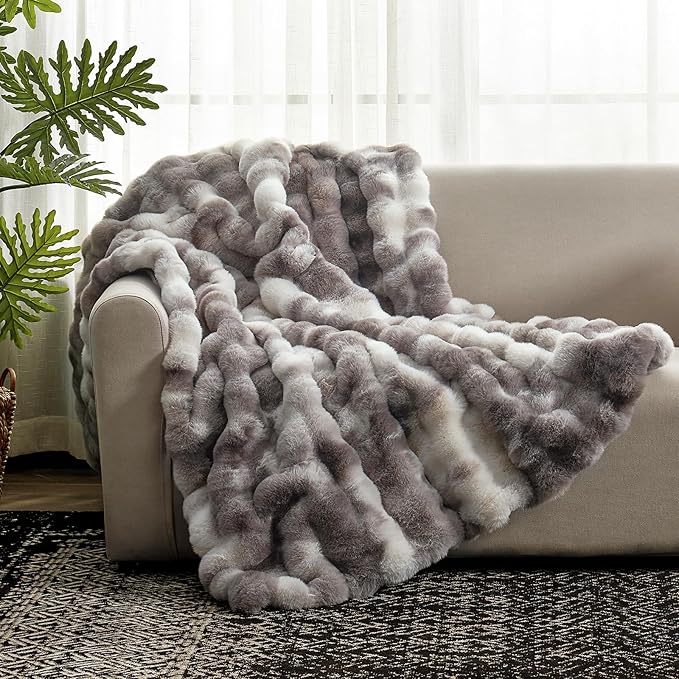 Cozy Bliss Faux Fur Throw Blanket for Couch, Fuzzy Soft Plush Thick Bubble Blanket for Sofa Bedroom Living Room, 60 * 80 Inches Tie-dye Taupe-Ruum Studio Home