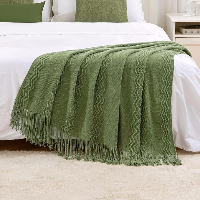 MIULEE Moss Green Knitted Throw Blanket for Couch Textured Knit Blanket with Tassels Cozy Woven Bed Blanket for Sofa Bed Chair Wave Pattern Spring Home Decor for All Seasons 50"x60"-Ruum Studio Home