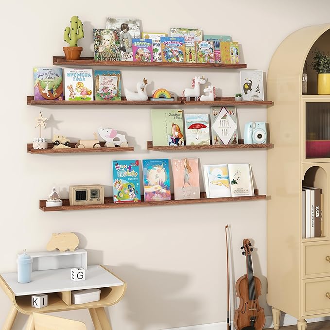 Fun Memories Picture Ledge Shelves Set of 2, 24 Inch Rustic Wall Mounted Floating Shelves with Lip for Home Storage and Décor in Bathroom, Kitchen, Nursery, Bedroom, Living Room, Walnut-Ruum Studio Home