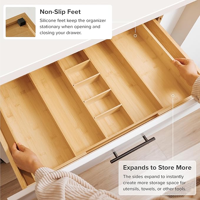 Adjustable Kitchen Drawer Organizer for Utensils and Junk, Food-Safe Contract Grade with 100% Sustainable Wood, Expandable from 16 to 28 Inches Wide - Natural Bamboo-Ruum Studio Home