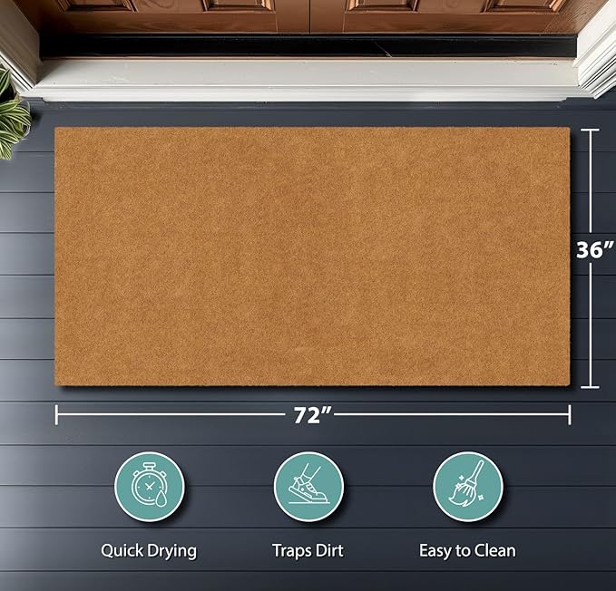 Barnyard Designs Natural Coco Coir Heavy Duty Backing Doormat - Large Cute Non-Slip Front Door Welcome Mat for Outside Entrance or Porch Entry, Brown (36x72, Plain Brown)-Ruum Studio Home