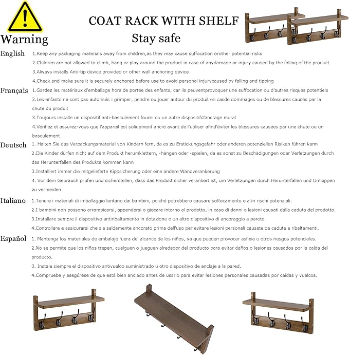 Coat Rack with Shelf, 2 Pack Bamboo Wall-Mounted Coat Hanger with 8 Hooks for Entryway, Hallway, Kitchen, Bathroom, Living Room, Utility Room (Natural)-Ruum Studio Home