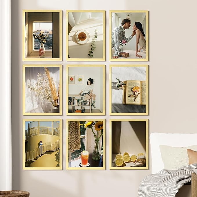 Vittanly 12x16 Picture Frames Set of 9, Shatter Resistant Plexiglass, Display 11x14 Pictures with Mat or 12x16 without Mat, Photo Frames for Wall Mount, Engineered Wood, Gold-Ruum Studio Home