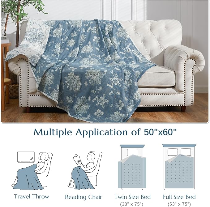 jinchan Boho 100% Cotton Muslin Twin Size 50x60 Inches Blanket Lightweight 4-Layer Quilted Soft Blue and White Floral Throw Blanket Green Accents Reversible Comfy Flower Breathable Summer Couch-Ruum Studio Home