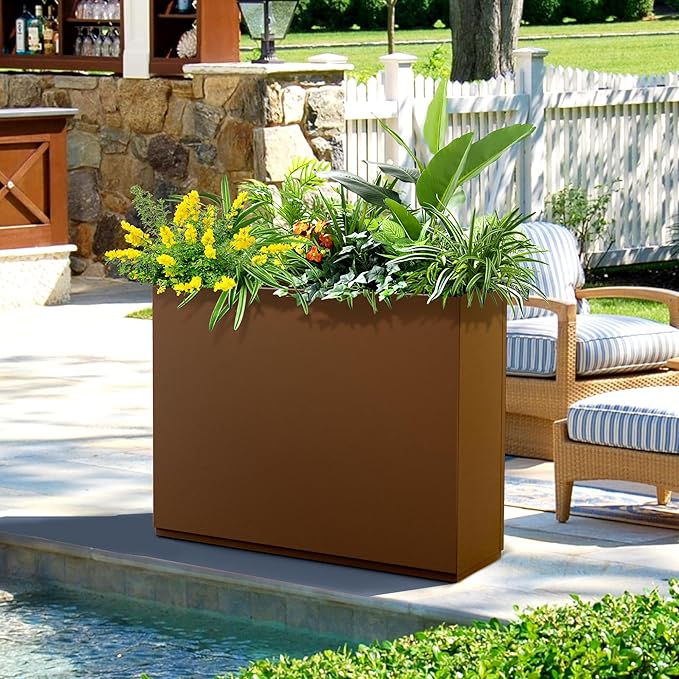 FENCY Metal Rectangular Planter Box for Outdoor - Large Planters with Drainage Holes (35.4" L x 9" W x 25.6" H, Brown)-Ruum Studio Home