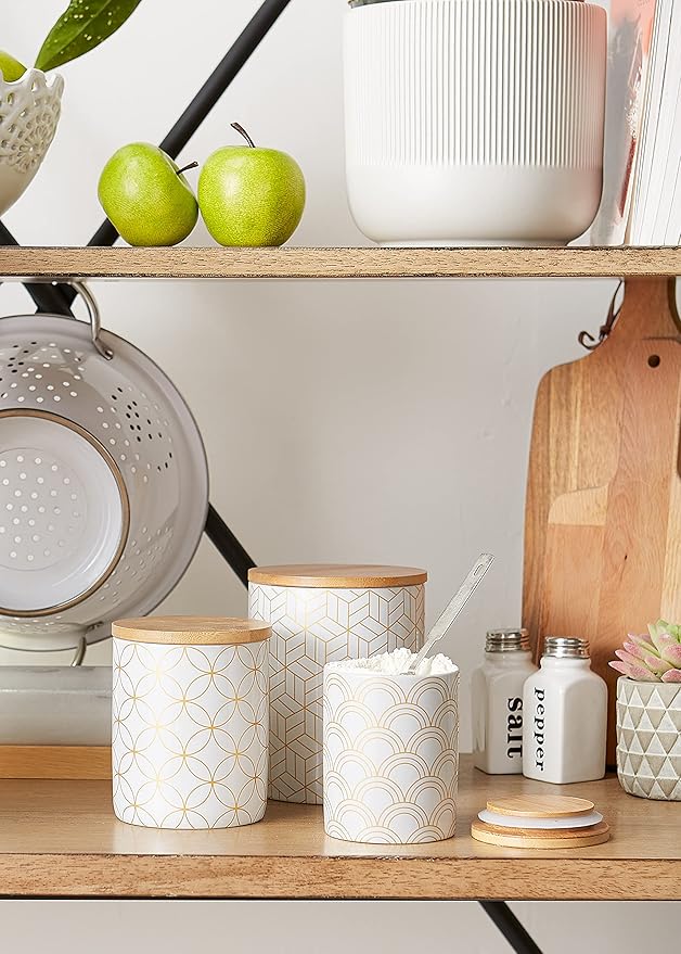 DII Kitchen Ceramics Collection, Canister Set, Mixed Print, White/Gold, 3 Piece-Ruum Studio Home