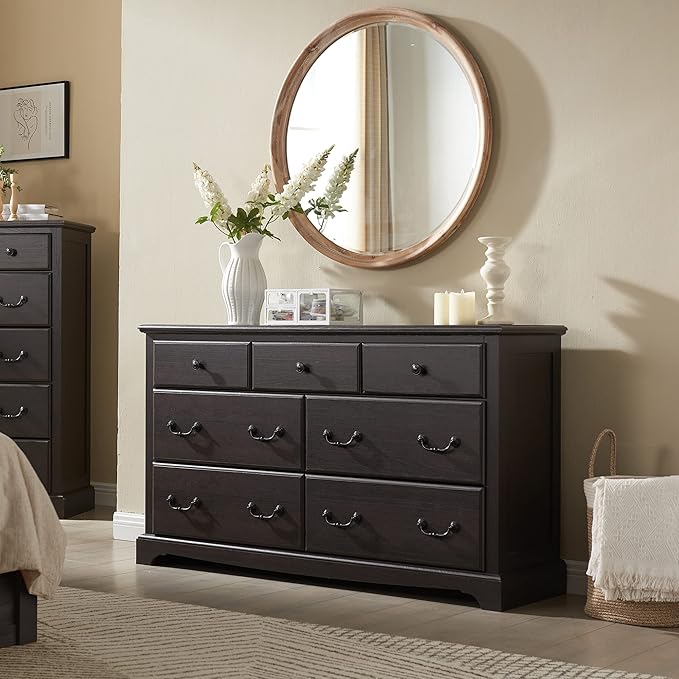 T4TREAM 7 Drawers Dresser Chests for Bedroom, Wood Vintage Chests of Drawers, Rustic Dressers Chset Organizer for Bedroom, Living Room, Hallway, Espresso-Ruum Studio Home