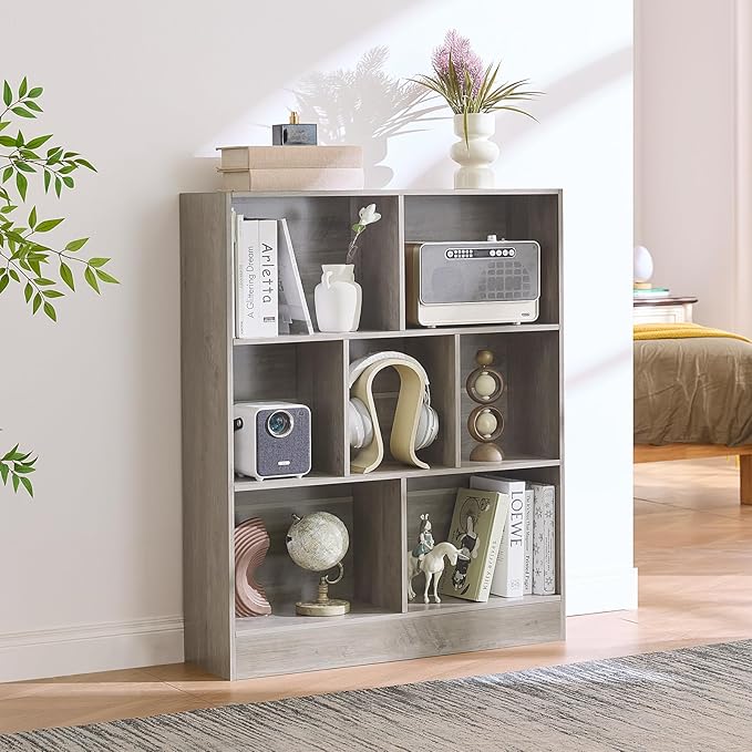 LEYAOYAO 7 Cube Bookshelf with Base,3 Tier Mid-Century Modern Grey Bookcase,Standing Wide Bookshelves Storage Organizer Shelf,Rustic Wood Display Cabinet Book Shelves for Bedroom,Living Room,Office-Ruum Studio Home