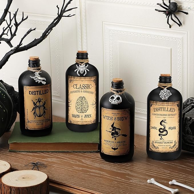 Uiifan 31 Pcs Halloween Potion Bottles Set Including Glass Apothecary Bottles with Cork Stickers and Pendants Halloween Decorations Indoor Party Supplies(Black,16 oz)-Ruum Studio Home
