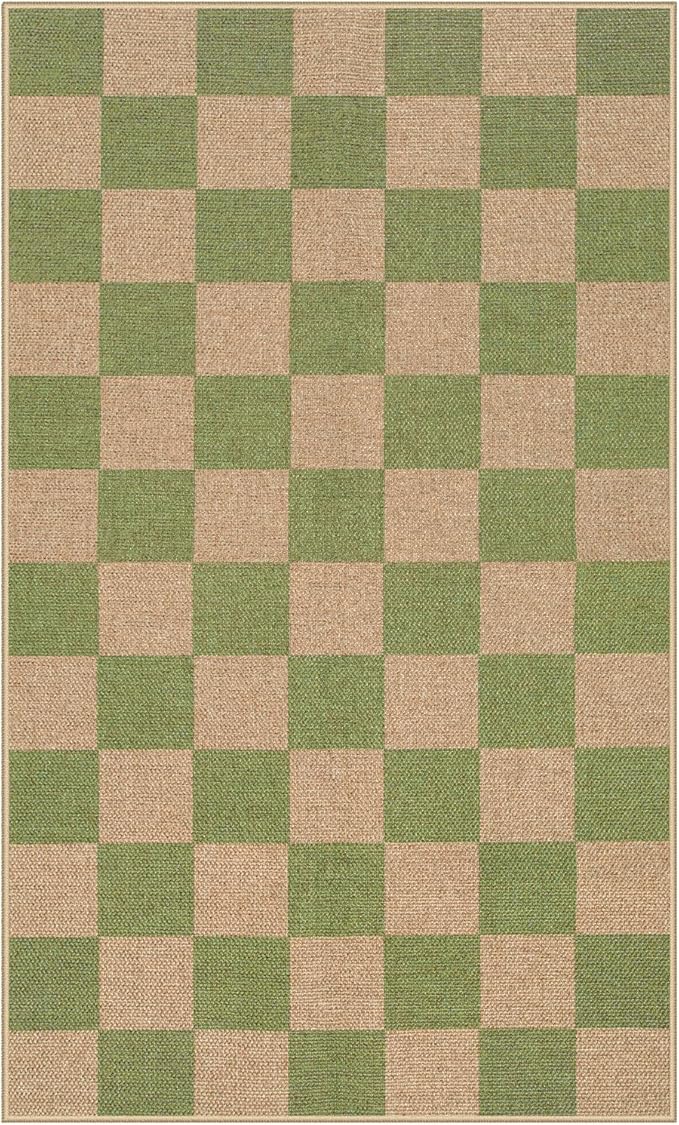 Lahome Checkered 3x5 Washable Rug, Green Easy Jute Rug for Entryway Living Room, Modern Non Slip Non Shedding Indoor Outdoor Carpet for Porch Deck Kitchen-Ruum Studio Home