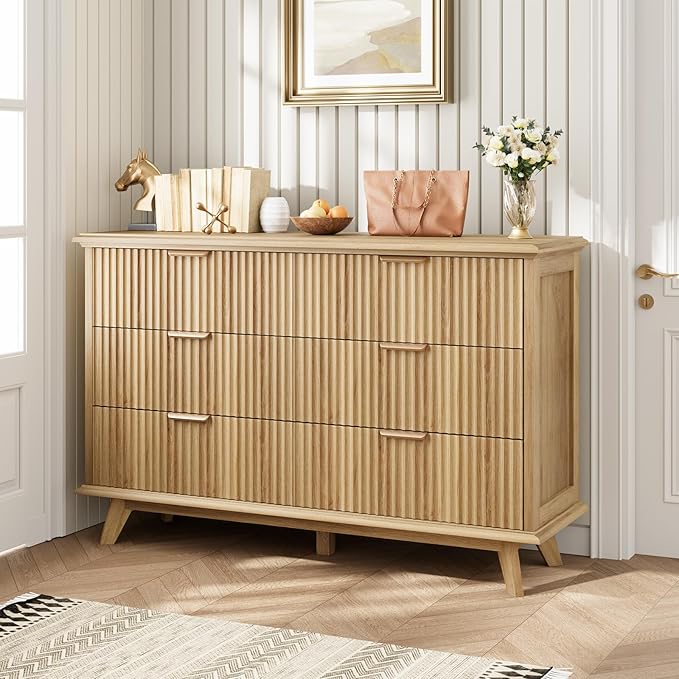 QUW Fluted Dresser for Bedroom with 6 Drawers, 47.2" Wide Modern Chest of Drawers with Metal Handle, Wooden Dresser TV Stand and Closet Clothes Storage Organizer for Living Room, Hallway, Natural Oak-Ruum Studio Home