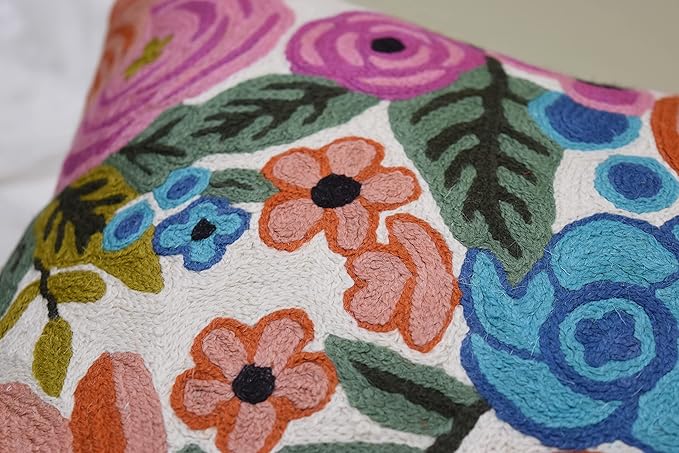 Roses Floral Pillow Cover Flower Farmhouse Chair Cushion Suzani Flowers Pillowcase Boho Florals Accent Throw Pillowsham Wool Hand Embroidered Size 18x18-Ruum Studio Home