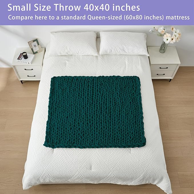 Bigacogo Chunky Knit Throw Blanket for Couch, 40x40 inches, 100% Hand Knitted with Thick Jumbo Chenille Yarn, Cozy Soft Large Rope Knot Cable Crochet Blankets for Sofa Bed Living Room, Dark Green-Ruum Studio Home