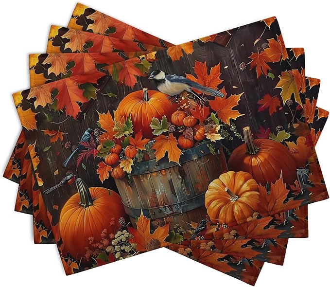 Pumpkin Maple Leaf Bird Fall Placemats Set of 4 Autumn Thanksgiving Seasonal Holiday Harvest Linen Table Mats Orange Brown Washable Place Mats for Party Kitchen Dining Outdoor Indoor Decor-Ruum Studio Home