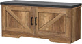 2-Tier Storage Bench, Shoe Bench with Padded Seat Cushion, Entryway Bench with 2 Barn Doors, Adjustable Shelf, 13.8" D x 39.4" W x 17.7" H, for Entryway, Living Room, Bedroom, Rustic Walnut-Ruum Studio Home