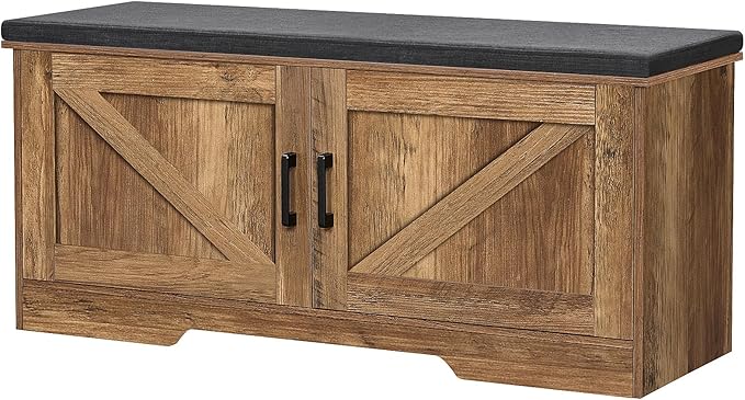 2-Tier Storage Bench, Shoe Bench with Padded Seat Cushion, Entryway Bench with 2 Barn Doors, Adjustable Shelf, 13.8" D x 39.4" W x 17.7" H, for Entryway, Living Room, Bedroom, Rustic Walnut-Ruum Studio Home