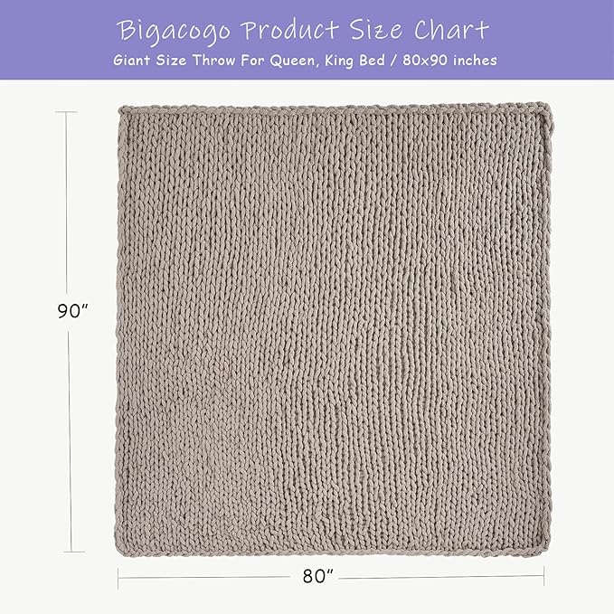 Bigacogo Chunky Knit Throw Blanket for Couch, 80x90 inches, 100% Hand Knitted with Thick Jumbo Chenille Yarn, Cozy Soft Large Rope Knot Cable Crochet Blankets for Sofa Bed Living Room, Taupe-Ruum Studio Home