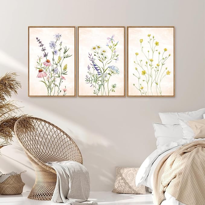 SIGNINART Watercolor Wildflower Framed Canvas Wall Art Set of 3, Boho Botanical Spring Floral Wall Decor, Colorful Minimalist Plant Art Prints for Farmhouse Living Room, Bedroom, Office, Bathroom 16"x24"-Ruum Studio Home