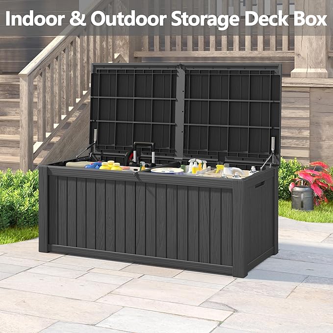 150 Gallon Resin Deck Box, Large Indoor and Outdoor Storage Box, Weatherproof and UV Resistant Outdoor Storage Box with Built-in Steel Beams for Patio, Cushions, Pool Supplies-Ruum Studio Home