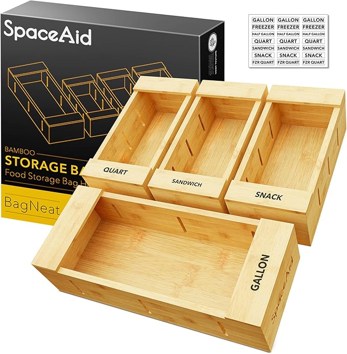 SpaceAid Bag Storage Organizer for Kitchen Drawer, Bamboo Organizer, Compatible with Gallon, Quart, Sandwich and Snack Variety Size Bag (4 Pack)-Ruum Studio Home