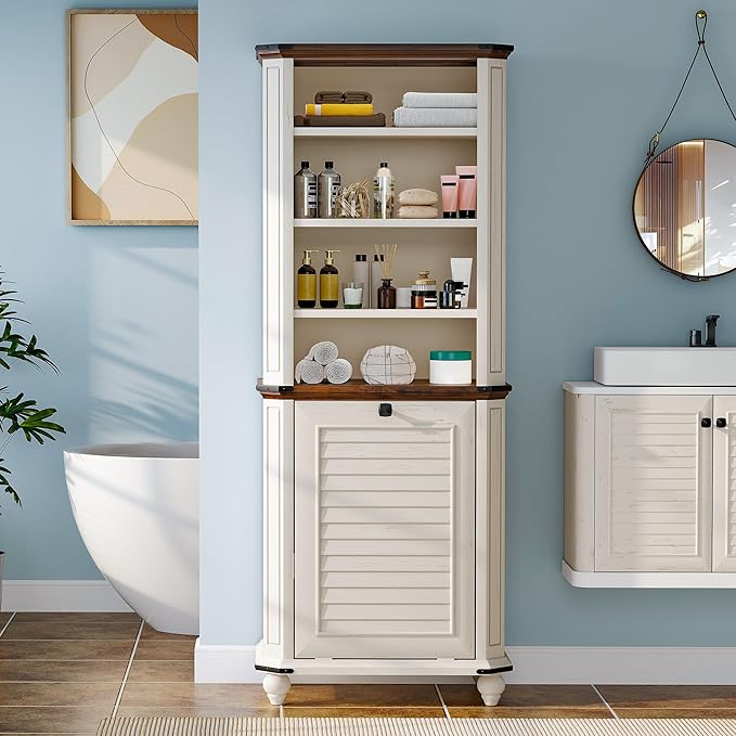 DWVO Tilt Out Laundry Hamper, Farmhouse 4-Tier Storage Cabinet with Removable Laundry Basket, Laundry Hamper Organizer with 2 Adjustable Shelves for Laundry Room, Bathroom, White-Ruum Studio Home