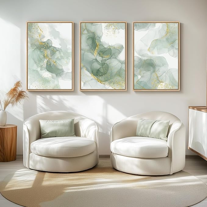 Large Framed Sage Green Abstract Wall Art for Living Room, 3 Piece Green and Gold Canvas Prints Paintings Artwork for Walls, Modern Minimalist Pictures for Hallway Stair Office Wall Decor 24x36 In-Ruum Studio Home