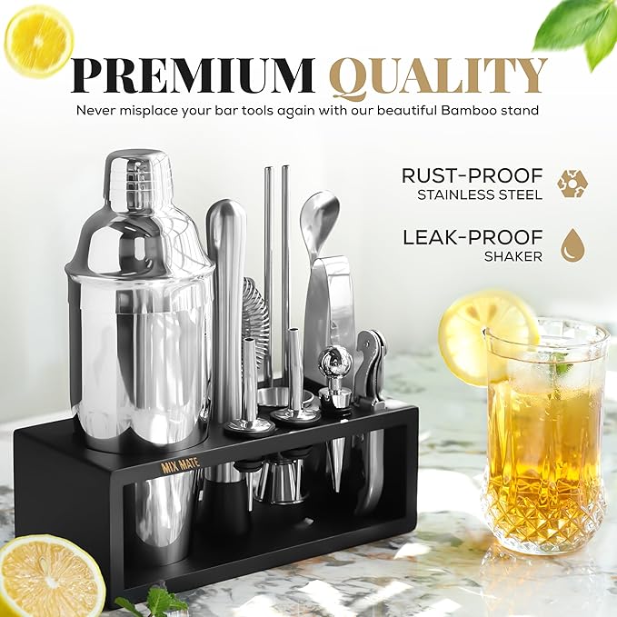 Mixology Bartender Kit with Stand - 15 Piece Bar Tool Set, Silver Bar Set Cocktail Shaker Set for Drink Mixing - Includes Martini Shaker, Jigger, Strainer, Bar Mixer Spoon, Tongs, Opener | Gift Idea-Ruum Studio Home