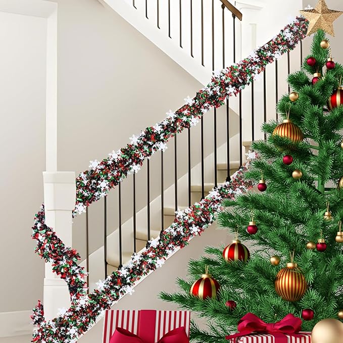 50 Feet Green Red Christmas Metallic Tinsel Twist Hanging Garland with Snowflake for Home Mantle Xmas Tree Staircase Railing New Year Holiday Party Indoor Outdoor Decorations-Ruum Studio Home
