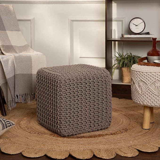 REDEARTH Cube Hand Knitted Pouf - Foot Stool Ottoman - Cord Boho Pouffe - Poof Accent Stuffed Table or Footrest for Living Room - Nursery - Bedroom - Patio - 100% Cotton (16" x 16" x 16") - Taupe-Ruum Studio Home