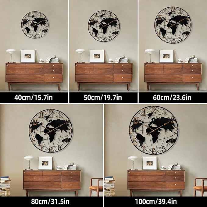 Large Wall Clock - 20 Inch World Map Minimalist Modern Round Metal Wall Clock Silent Non-Ticking Battery Operated Wall Clocks for Living Room Kitchen Office Farmhouse Home Decor