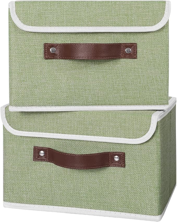 ANMINY 4PCS Storage Bins with Lid PU Leather Handles Storage Boxes PP Plastic Board Decorative Foldable Lidded Cotton Linen Fabric Home Cubes Baskets Closet Organizer Containers - Green, Small Size-Ruum Studio Home