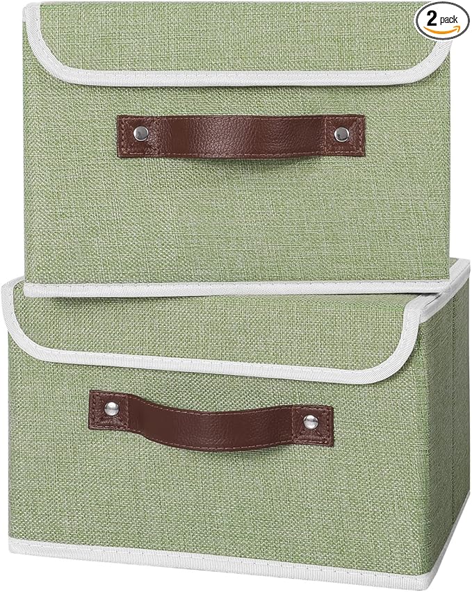 ANMINY 2PCS Storage Bins with Lid PU Leather Handles Storage Boxes PP Plastic Board Decorative Foldable Lidded Cotton Linen Fabric Home Cubes Baskets Closet Organizer Containers - Green, Small Size-Ruum Studio Home