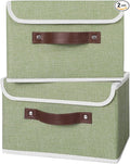 ANMINY 2PCS Storage Bins with Lid PU Leather Handles Storage Boxes PP Plastic Board Decorative Foldable Lidded Cotton Linen Fabric Home Cubes Baskets Closet Organizer Containers - Green, Small Size-Ruum Studio Home