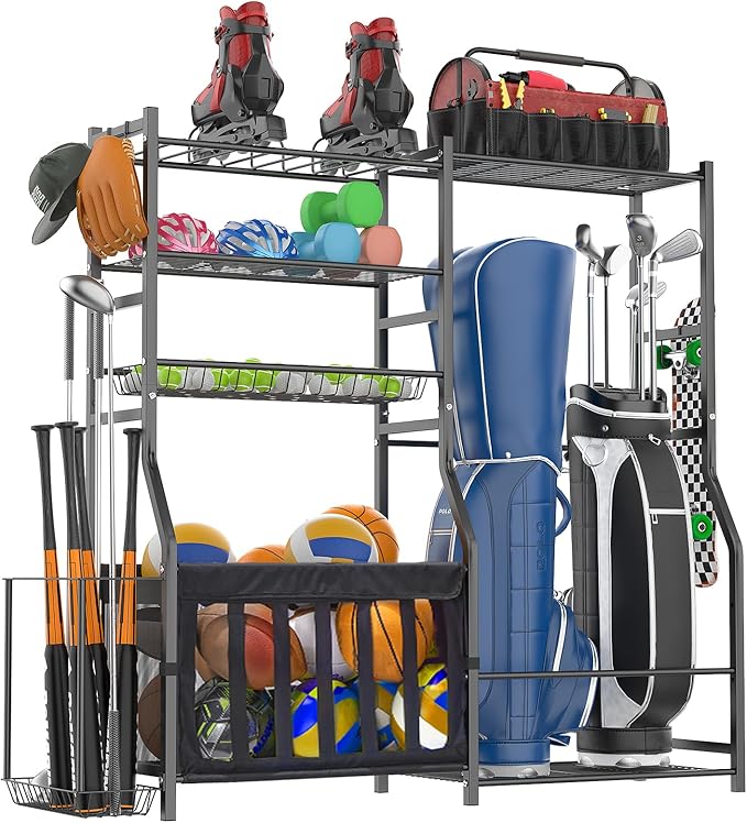 Garage Sports Equipment Organizer, Strong Load Bearing Golf Bag Organizer, Multi Use Golf Ball Rack Basketball Rack for Sports Gear and Outdoor Toy Ball Storage-Ruum Studio Home