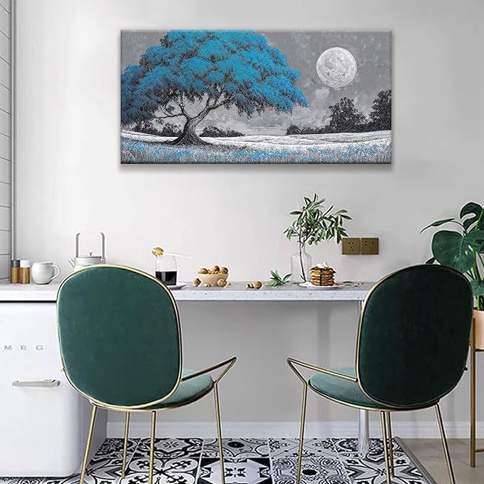 TAIJXAGSG Wall Art For Living Room Blue Tree Moon Canvas Art Wall Decor Artwork Print Painting 20" X 40" Canvas Picture For Bedroom Decor Modern Salon Kitchen Office Hang A Picture-Ruum Studio Home