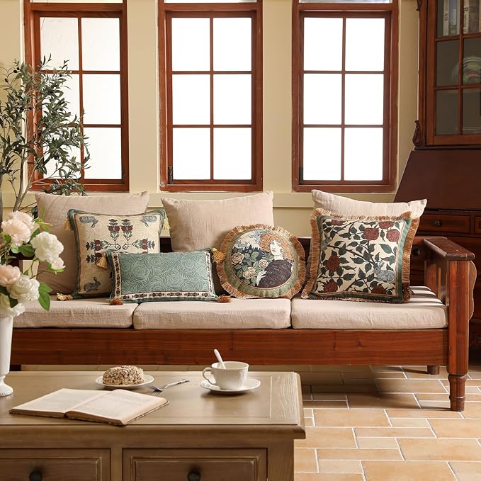 patdrea Designer Throw Pillow Covers Set of 4,French Elegant Green Linen with Rose Collection Pattern Pillow Covers,Decorative Lumbar Square Round Pillowcases Cushion for Bed Living Room Outdoor-Ruum Studio Home