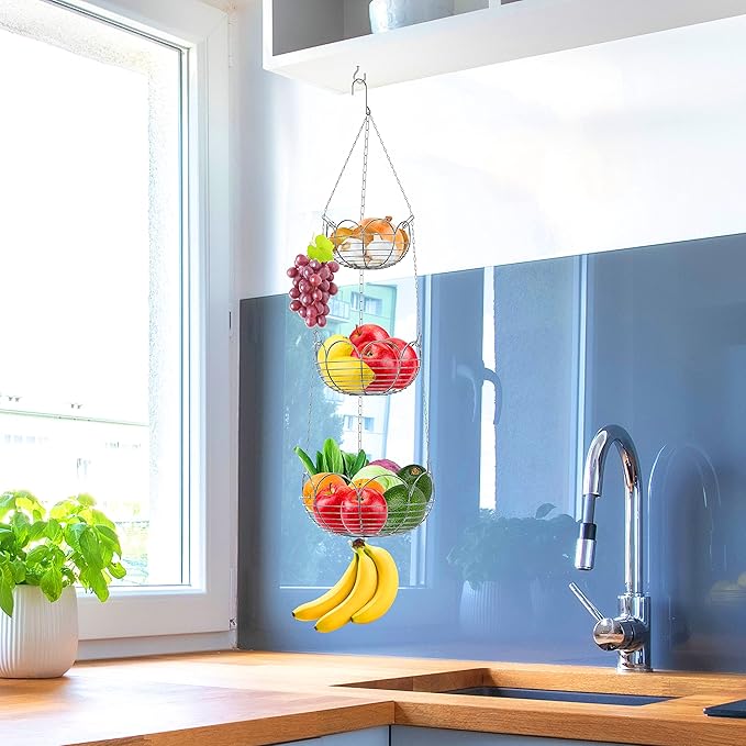 Simple Houseware Modern 3-Tier Hanging Fruit Basket, Chrome-Ruum Studio Home