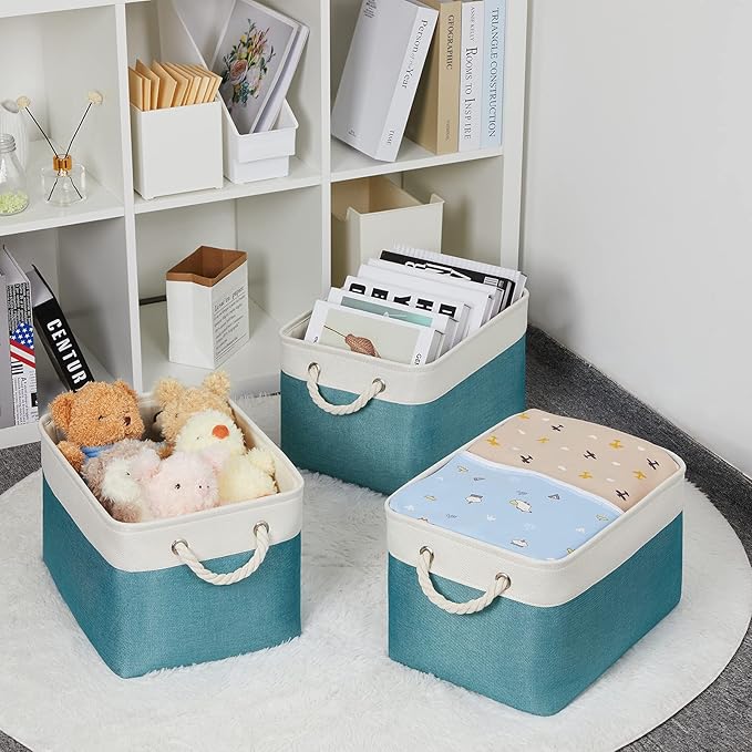 Bidtakay Basket Storage Bins with Handles Fabric Large Storage Baskets for Organizing Set of 3 Collapsible Rectangular Basket for Shelves Closet Organizer 15 X 11 X 9.5 Inches(White&Teal Blue)-Ruum Studio Home