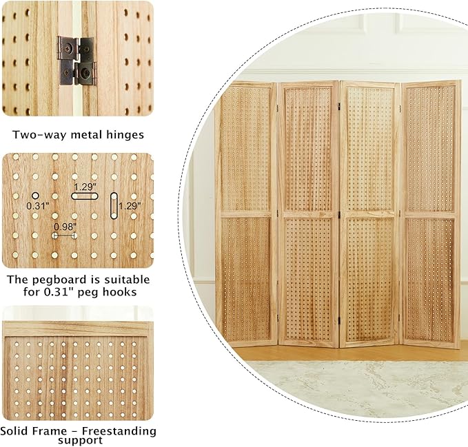 Room Divider Freestanding Folding Pegboard Privacy Screen | 4-Panel Display Stand for Jewelry, Craft Shows, Retail | Natural Wood, Portable & Space-Saving Design (Natural)-Ruum Studio Home