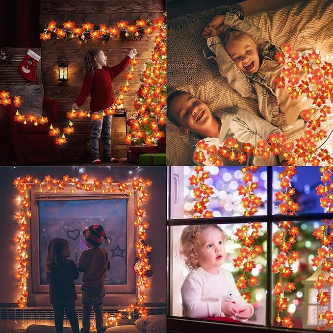 2 Pack Fall Garland with Pumpkin Lights Halloween Decorations Indoor 60 LED 20 Ft Enlarged Maples Leaves Fall Lights Battery Operated Halloween Garland Thanksgiving Decor Home Indoor Outdoor Christmas-Ruum Studio Home
