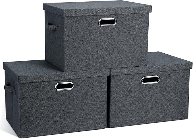 Large 17" 36 Quart Collapsible Stackable Storage Bins with Lids, 3 Packs Dark Gray Foldable Fabric Closet Storage Boxes with Lids, Heavy-duty Linen Cube Baskets(17x12x11)-Ruum Studio Home