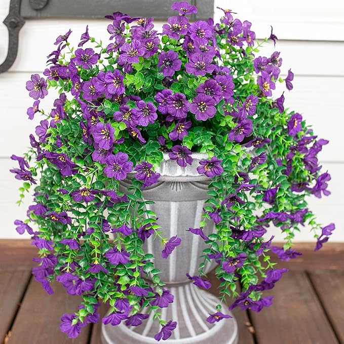 Artificial Faux Hanging Flowers Plants for Spring Outdoor Outside Decoration, 2 PCS Fake Silk Daisy with Eucalyptus UV Resistant Realistic Trailing Vines for Balcony Patio Porch (Dark Purple)-Ruum Studio Home