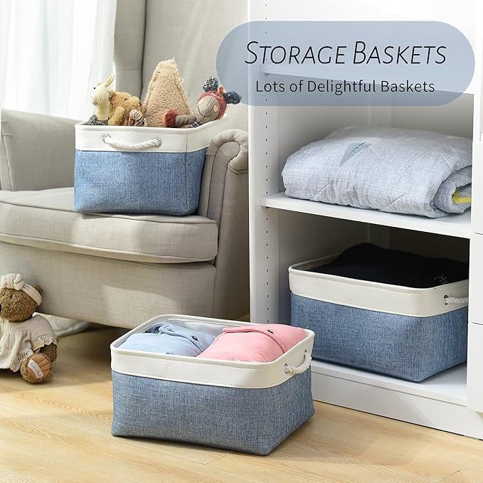 TcaFmac Storage Bins for Organization - Large 3 Pack Canvas Storage Basket for Shelves with Handles, Collapsible Baskets for Organizing for Closet Dog Laundry (White & Blue16x12x8 inch)-Ruum Studio Home